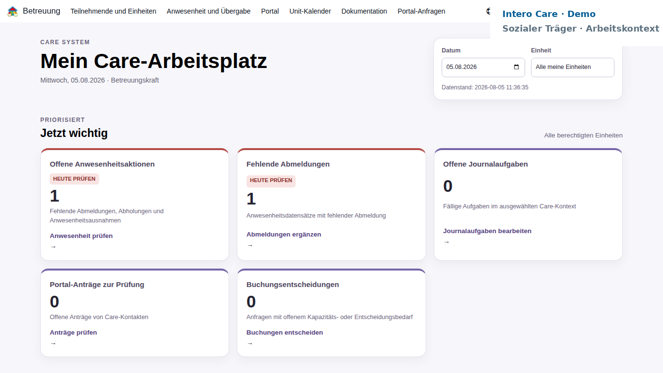 Anonymisierte Runtime-Ansicht des Care-Arbeitsplatzes mit priorisierten Aufgaben